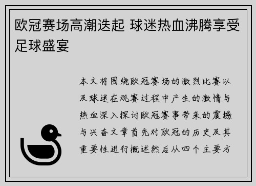 欧冠赛场高潮迭起 球迷热血沸腾享受足球盛宴