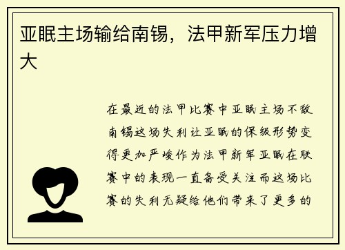 亚眠主场输给南锡，法甲新军压力增大