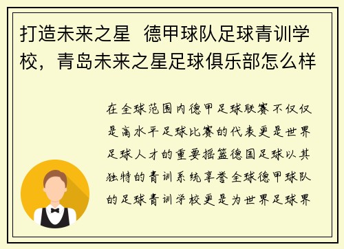 打造未来之星  德甲球队足球青训学校，青岛未来之星足球俱乐部怎么样