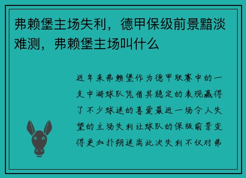 弗赖堡主场失利，德甲保级前景黯淡难测，弗赖堡主场叫什么