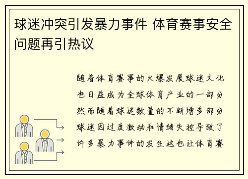 球迷冲突引发暴力事件 体育赛事安全问题再引热议
