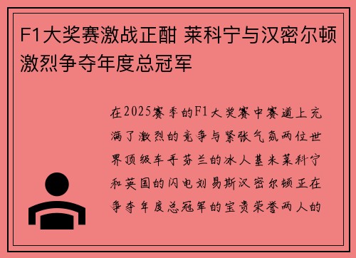 F1大奖赛激战正酣 莱科宁与汉密尔顿激烈争夺年度总冠军