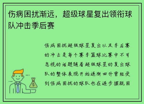 伤病困扰渐远，超级球星复出领衔球队冲击季后赛
